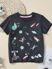Kids dark gray cotton t-shirt with space adventure print, crew neck.
