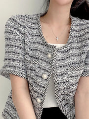 Pearl Button Short Sleeve Tweed Jacket, fabric detail