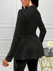 Black textured knit peplum blazer with cable knit details and a mock neck.