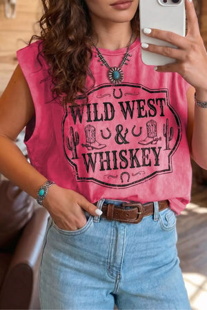 Deep rose graphic tank top with Wild West & Whiskey print and cactus, boots, and horseshoe details.