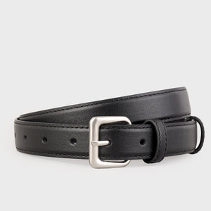 Black cowhide leather belt with silver buckle and keeper loop.