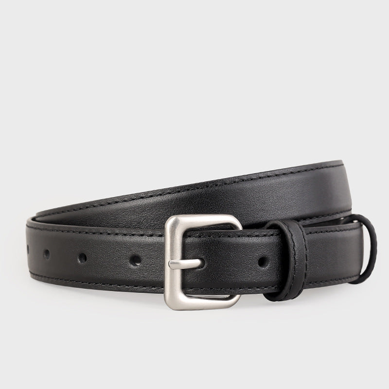 Black cowhide leather belt with silver buckle and keeper loop.