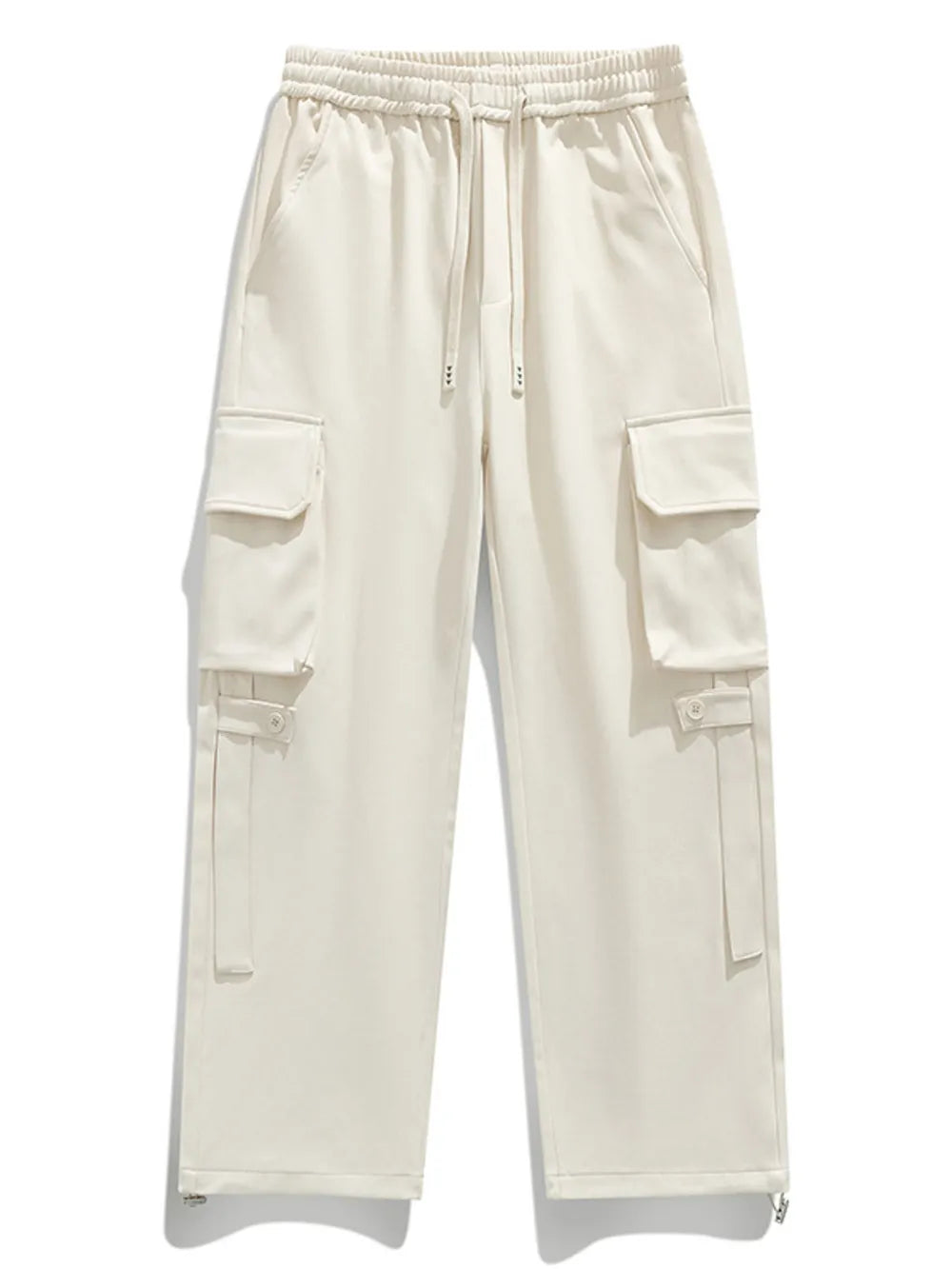 Apricot cargo pants with drawstring waist and multiple utility pockets.