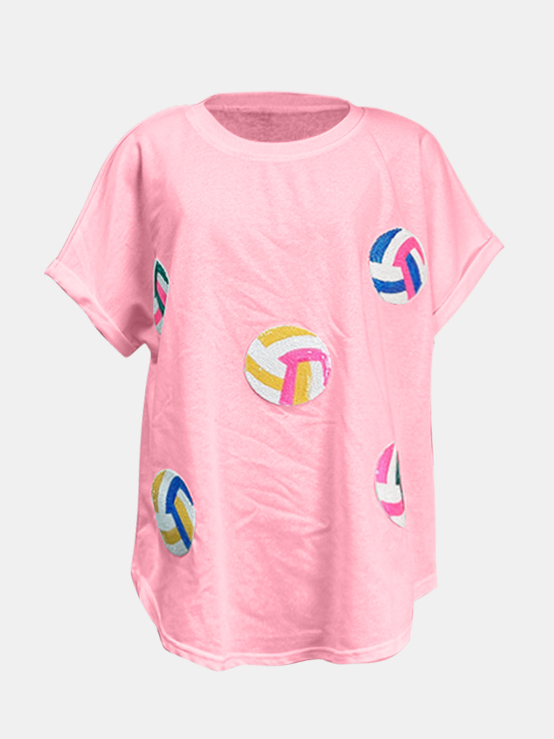 Pink t-shirt with sequin volleyball graphics, short sleeves, crew neck