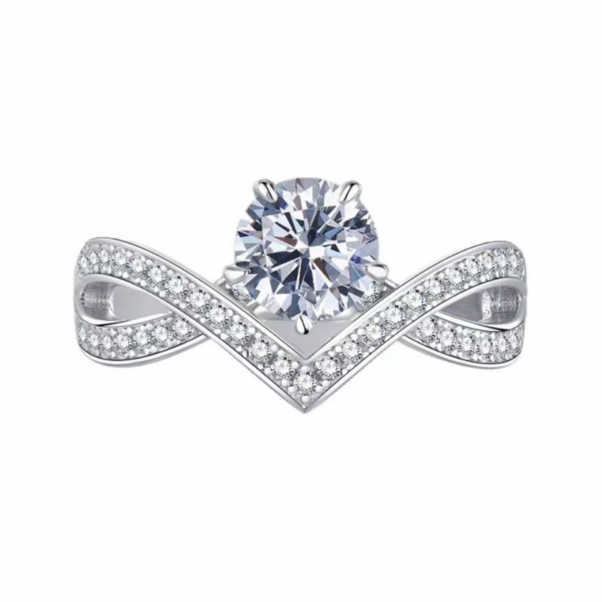 Sterling silver crossover ring with moissanite stones and a central round-cut diamond.