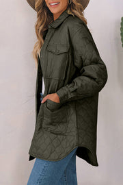 Army green quilted utility jacket with diamond pattern, chest pockets and button cuffs.