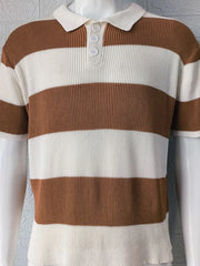 Brown and white striped ribbed knit polo shirt with short sleeves and a button placket.