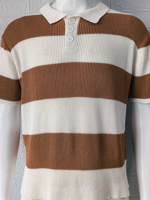 Brown and white striped ribbed knit polo shirt with short sleeves and a button placket.