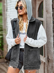 Medium wash denim vest with hood and patch pockets, worn over a white hoodie.