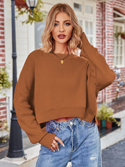 Brown ribbed knit pullover sweater with crew neck and cropped length.