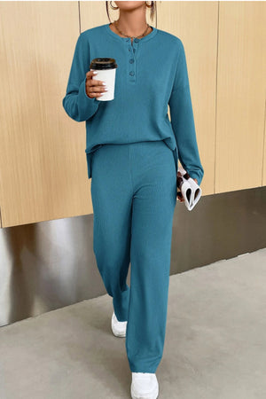 Teal ribbed henley set with button detail and wide leg pants