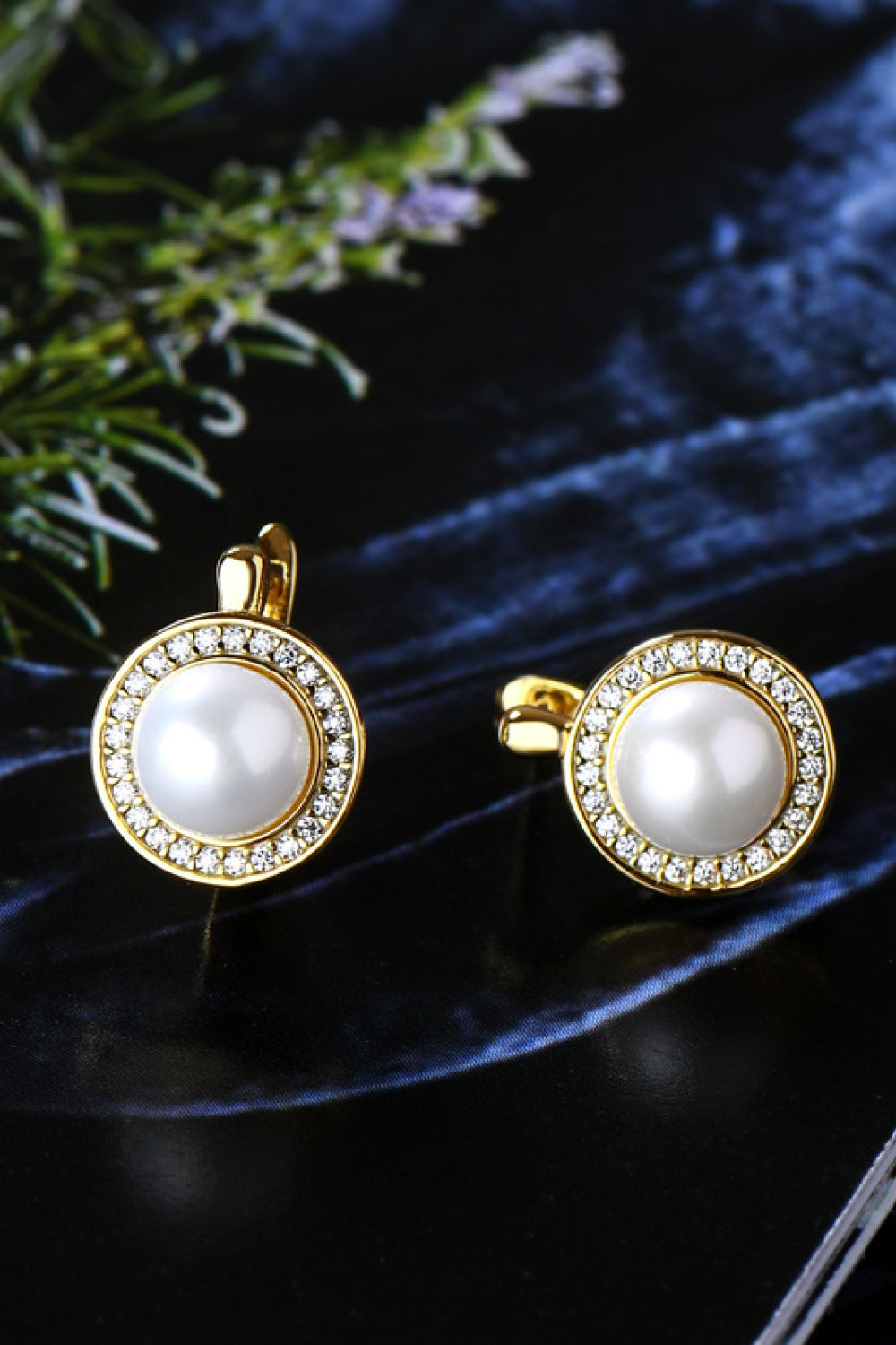 Gold pearl halo leverback earrings with crystal accents
