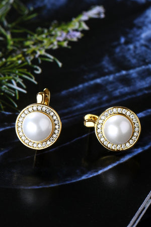 Gold pearl halo leverback earrings with crystal accents