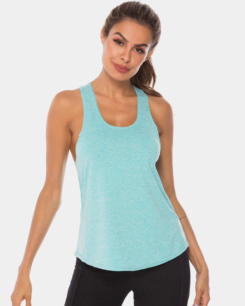 Aqua racerback performance tank top with a rounded neckline and curved hem.