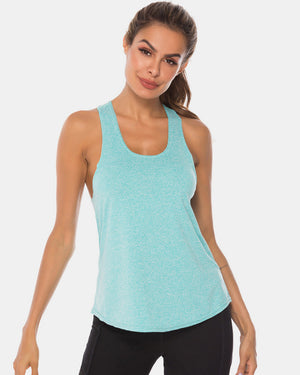 Aqua racerback performance tank top with a rounded neckline and curved hem.