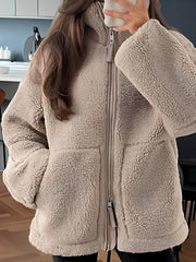 Teddy fleece zip-up jacket in white with contrast piping and zip pockets