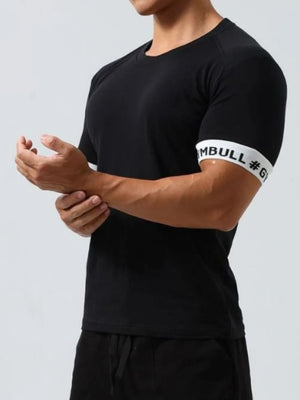 Black crewneck t-shirt with white gymband detail on sleeve