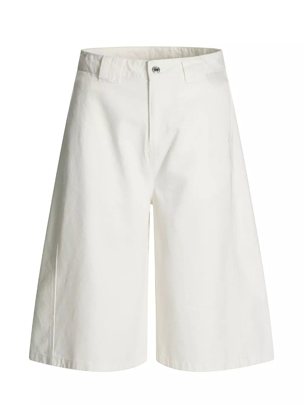 White wide-leg capri trousers with a button closure and belt loops.