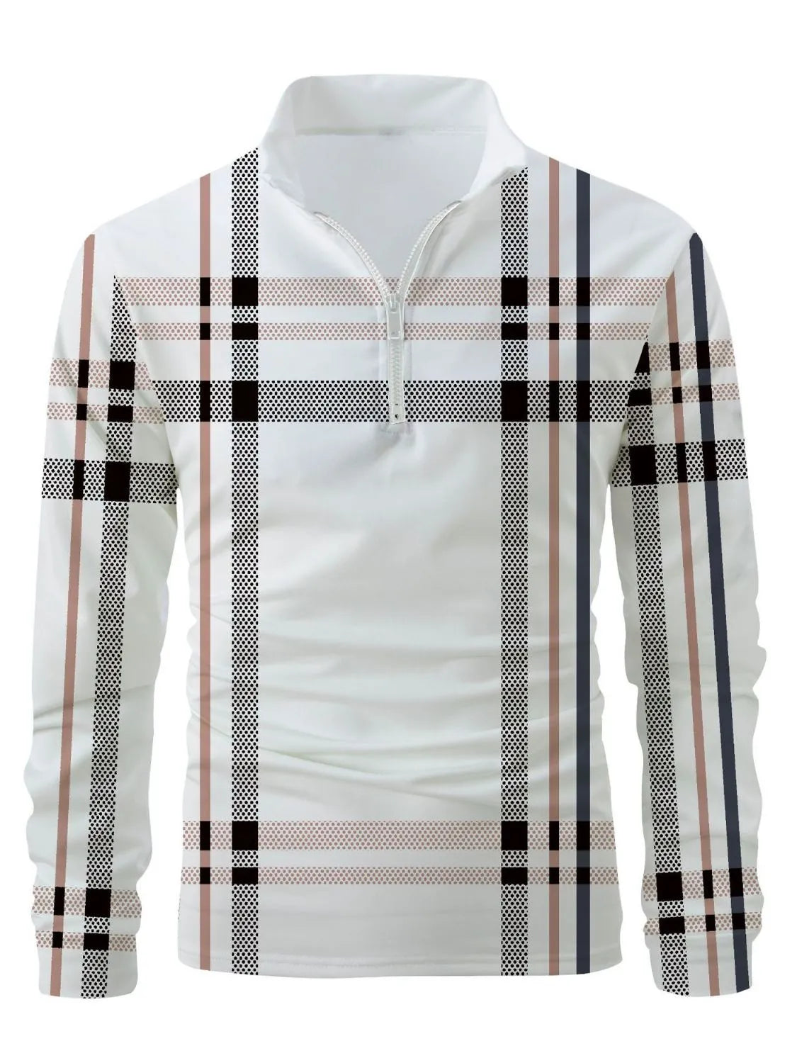 Graphic plaid zip polo shirt in white with black, caramel, and navy stripes.
