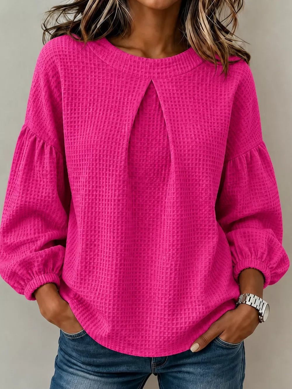 Waffle Knit Round Neck Top in Burgundy, view 12