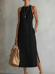Black sleeveless midi dress with pockets and geometric trim detail