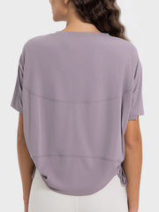 Lilac jersey t-shirt with side tie detail and curved hem