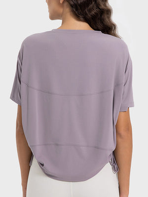 Lilac jersey t-shirt with side tie detail and curved hem