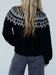Black acrylic sweater with Fair Isle pattern and puff sleeves