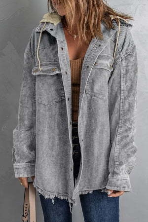 Gray corduroy hooded utility jacket with frayed hem and drawstring hood.