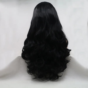 Black lace front wig with long, wavy, cascading hair.