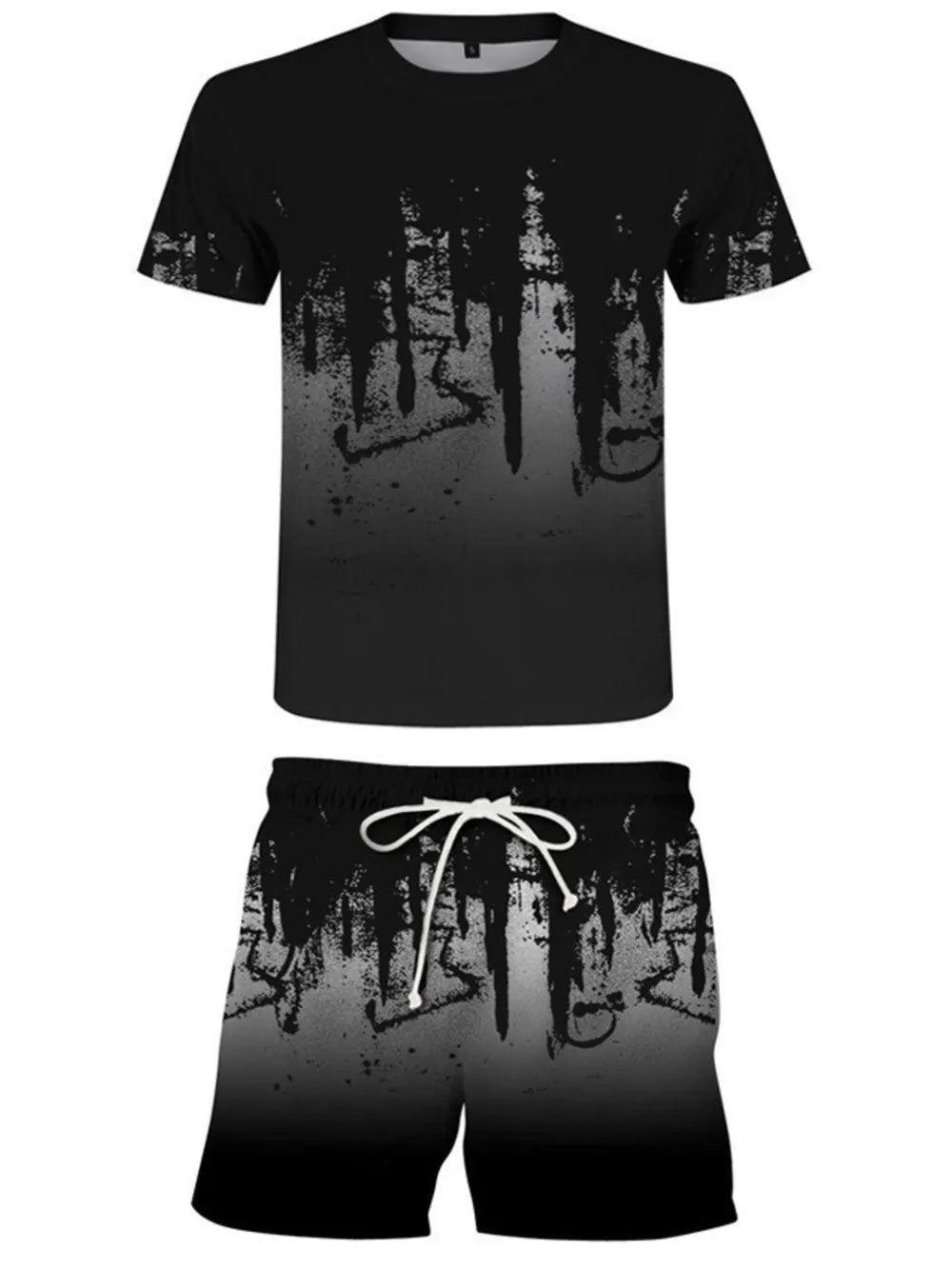 Black graphic tee and shorts set with abstract drip pattern and white drawstring.