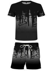 Black graphic tee and shorts set with abstract drip pattern and white drawstring.