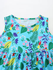 Toddler sleeveless dress with tropical floral and bird print, round neck, peplum hem.