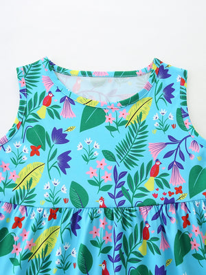 Toddler sleeveless dress with tropical floral and bird print, round neck, peplum hem.