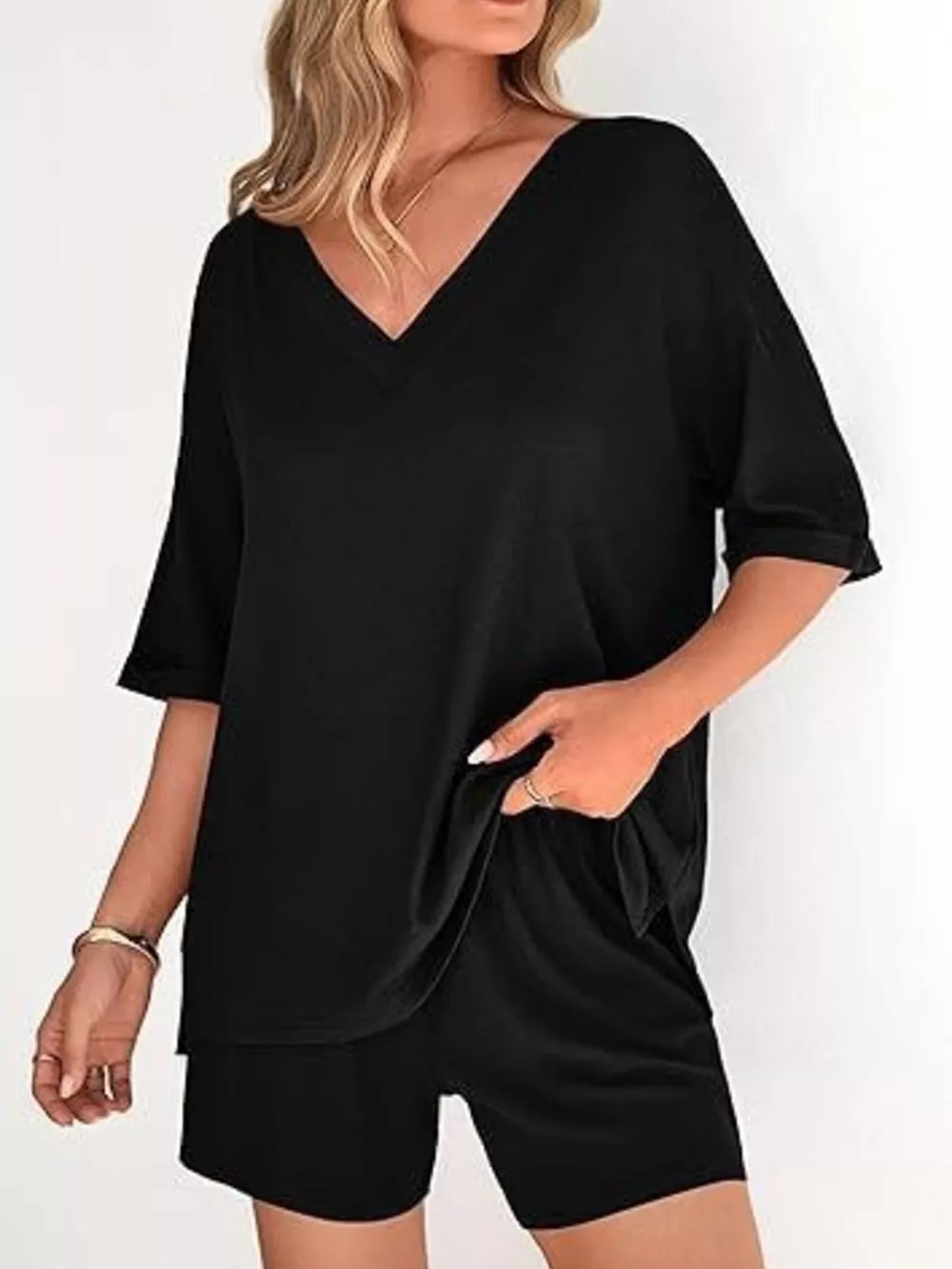 Solid Color V-neck And Shorts Set in Army Green, product detail
