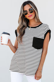 Black and white striped t-shirt with a black pocket detail and crew neck.