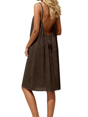 Brown backless spaghetti strap dress with tie detail
