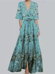 Teal floral maxi dress with V-neck, flutter sleeves, defined waist, and pockets.