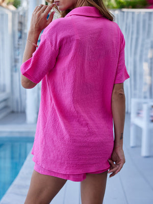 Textured hot pink resort shirt and shorts set with button detail