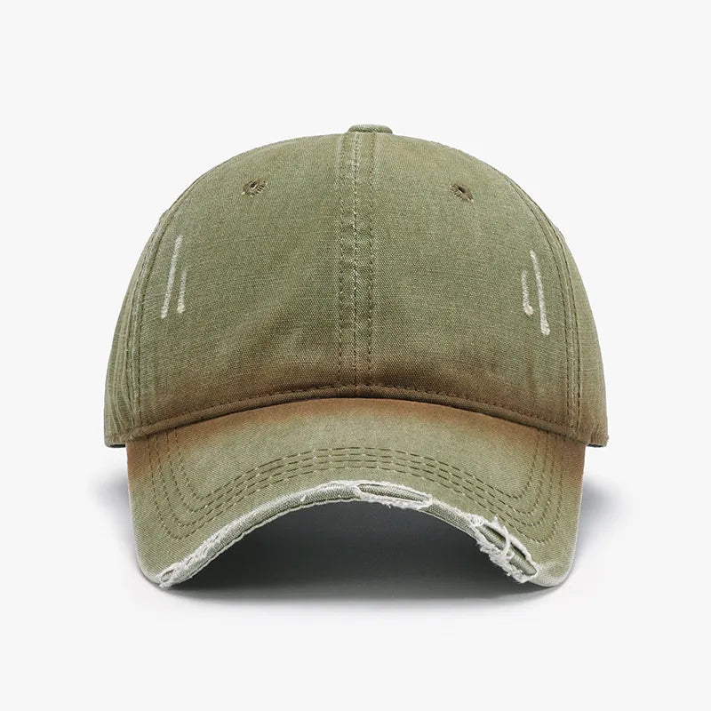 Moss faded denim baseball cap with distressed brim and subtle white stitching details.