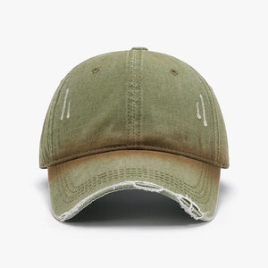 Moss faded denim baseball cap with distressed brim and subtle white stitching details.