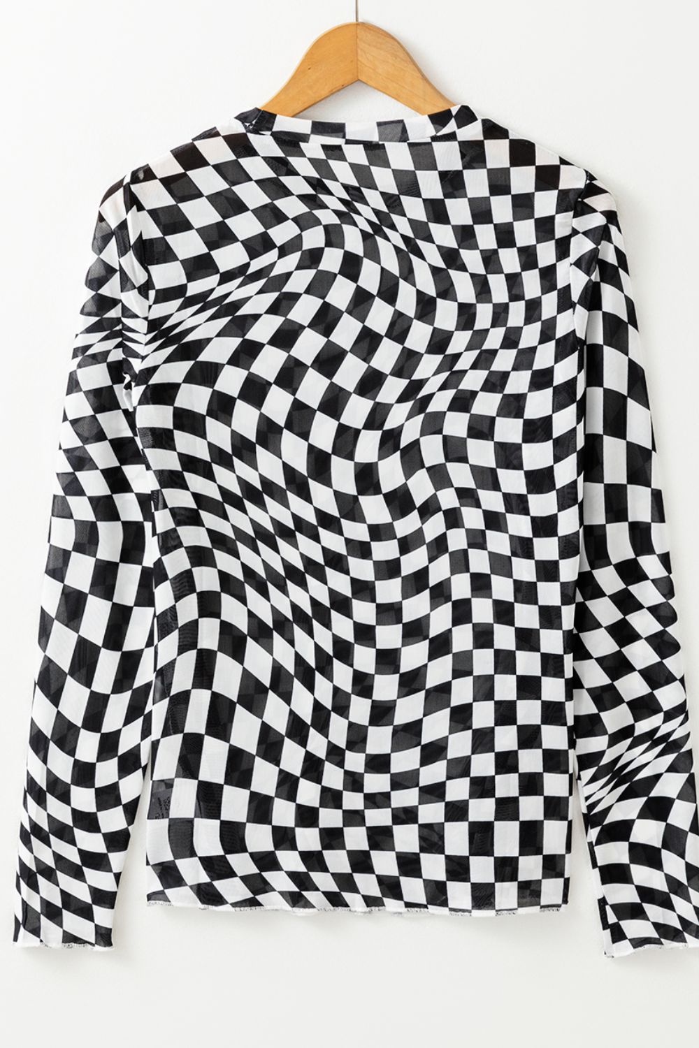 Black and white optical illusion checkered mesh long sleeve blouse