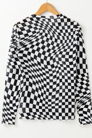 Black and white optical illusion checkered mesh long sleeve blouse