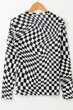 Black and white optical illusion checkered mesh long sleeve blouse