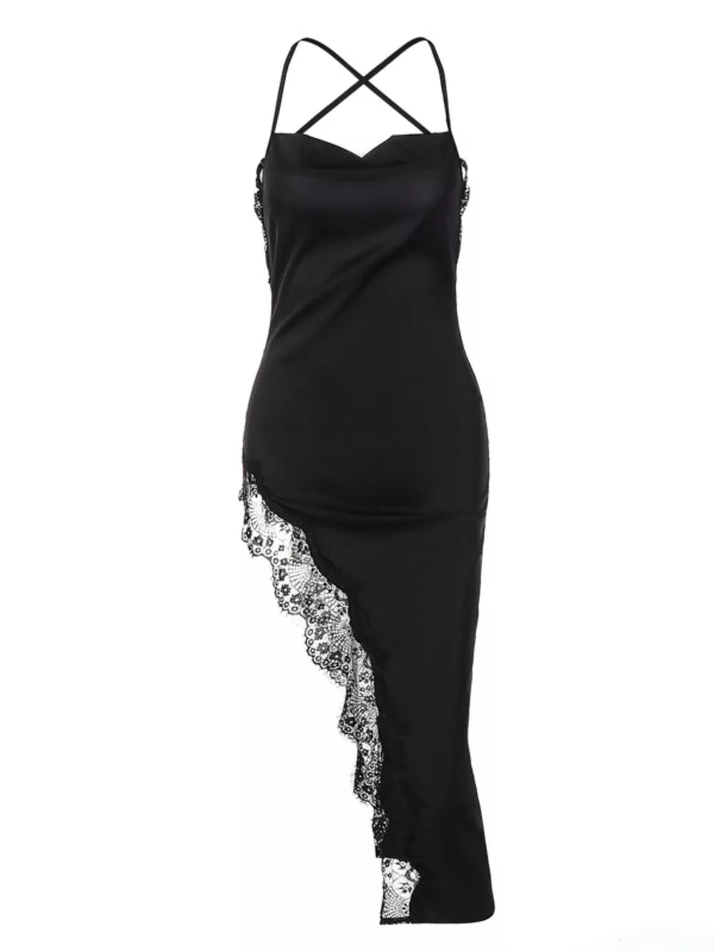 Black lace-trimmed spaghetti strap cowl neck midi dress with crisscross back straps.