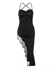Black lace-trimmed spaghetti strap cowl neck midi dress with crisscross back straps.