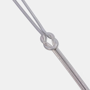 Silver herringbone knot necklace with a flat, sleek chain.