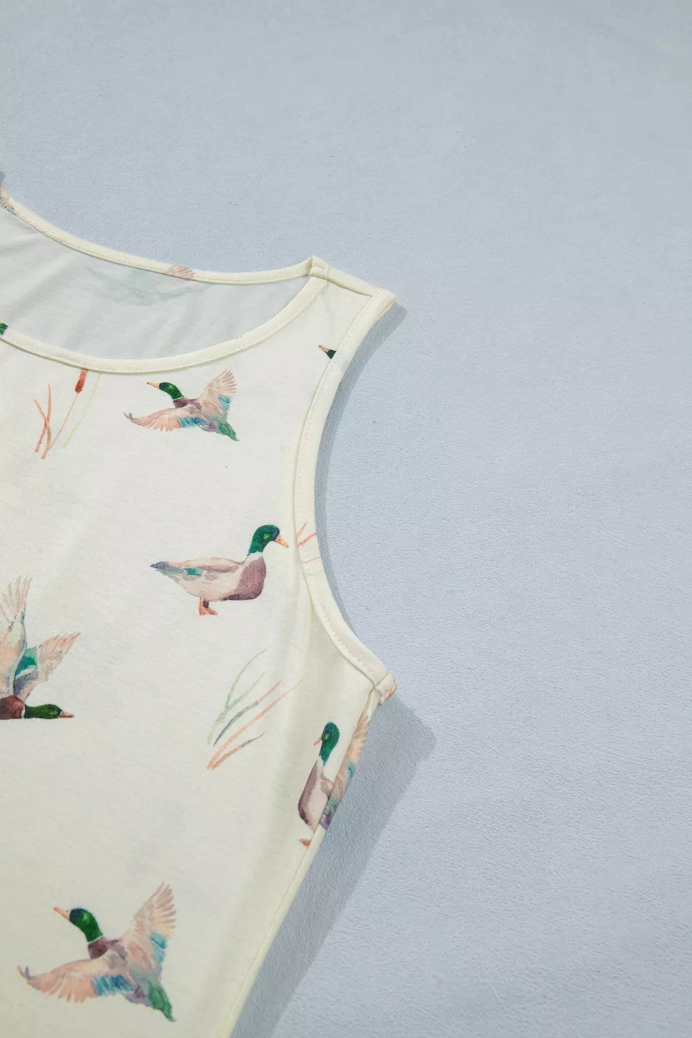 Cream tank top with mallard duck print and cattail accents