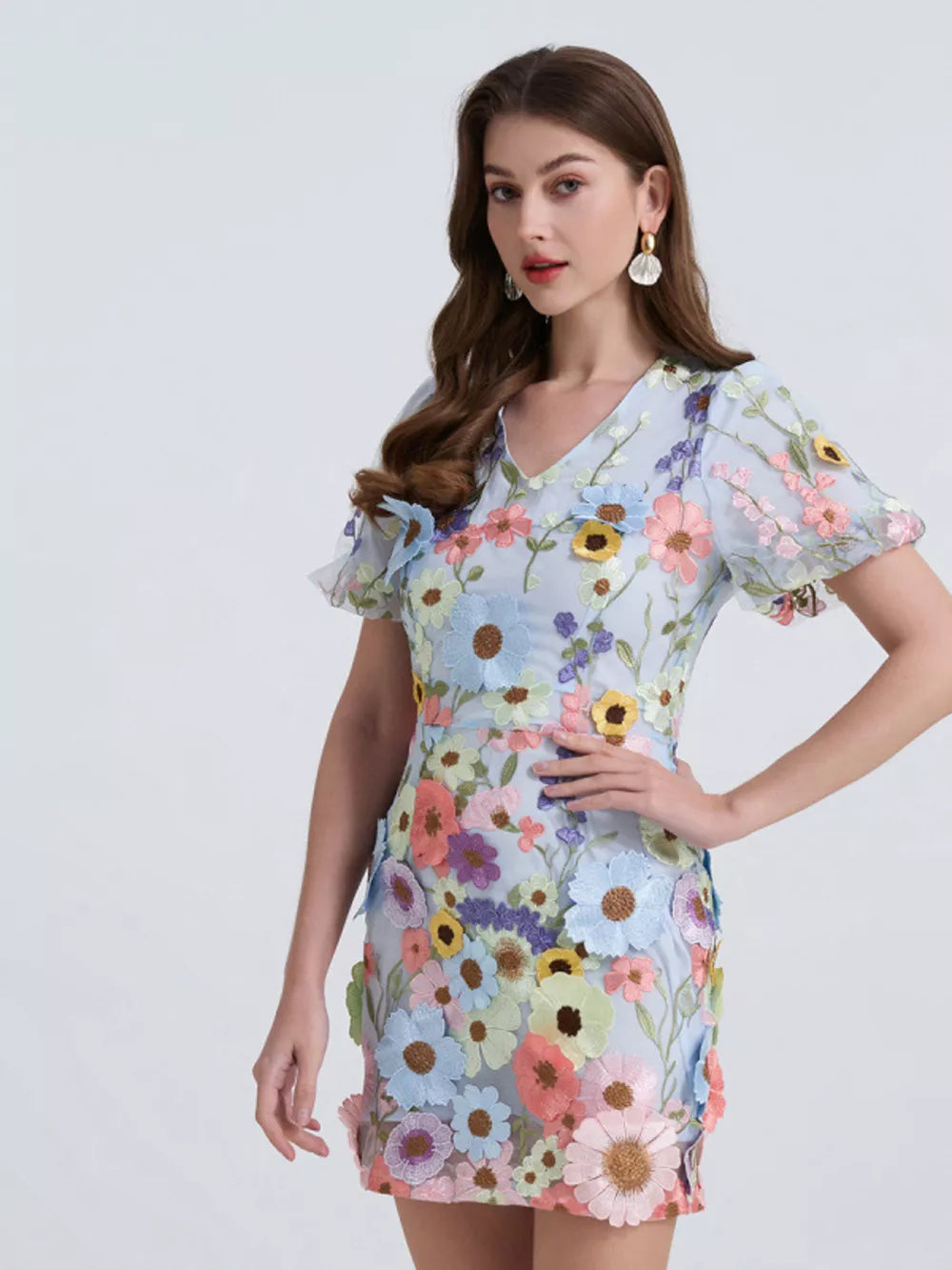 Sky blue embroidered floral mini dress with puff sleeves and v-neck.