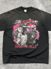 Black oversized ripped graphic tee with Jesus crucifixion print and distressed details.